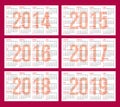 Calendar grid for 2014, 2015, 2016, 2017, 2018, 2019 Royalty Free Stock Photo