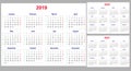 Calendar grid for 2019, 2020 and 2021 years set. The week starts on Monday. One day off - Sunday. Simple horizontal template in En Royalty Free Stock Photo