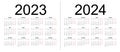 Calendar grid for 2023 and 2024 years. Simple horizontal template in Russian language