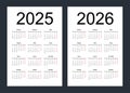 Calendar grid for 2025, 2026 years. Simple vertical template in Russian language.