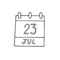 Calendar hand drawn in doodle style. July 23. World Whale and Dolphin Day, date. icon, sticker, element, design. planning,