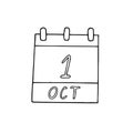 Calendar hand drawn in doodle style. October 1. International Day of Older Persons, Music, World Vegetarian, date. icon, sticker,