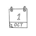 Calendar hand drawn in doodle style. October 1. International Day of Older Persons, Music, World Vegetarian, date. icon, sticker,