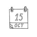 Calendar hand drawn in doodle style. October 15. International White Cane Safety Day, Global Handwashing, Rural Women