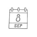 Calendar hand drawn in doodle style. September 8. International Literacy Day, Journalists Solidarity, date. icon, sticker, element