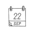 Calendar hand drawn in doodle style. September 22. World Carfree Day, elephants, Rhino, American Business Women, date. icon,