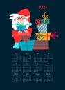 Calendar 2024 with hand drawn Santas with gifts Royalty Free Stock Photo