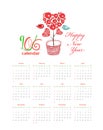 Calendar 2016 with hearts tree and birds Royalty Free Stock Photo