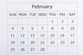 Calendar holiday February 14th is highlighted in
