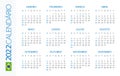 Calendar 2022 Horizontal - illustration. Brazilian version. Translation: Calendar. Names of Months. Names of Days. January,