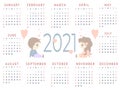 Calendar 2021. Horizontal Template for year - 12 months. Lovers. Cute beautiful girl and boy with balloons in their hands and