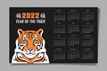 Calendar 2022, horizontal wall poster, drawn tiger face and chinese symbols happiness