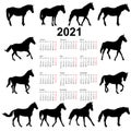 Calendar For 2021 Of Horse Silhouettes Isolated On White Background