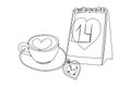 Calendar, hour, cup of coffee continuous line drawing. One line art of date, February 14, Valentine s day, love time, cappuccino, Royalty Free Stock Photo