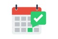 Calendar icon with check mark. Success, approve, complete, goal concept