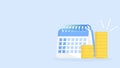 Calendar icon with coins vector illustration isolated on blue background. Saving, investment in future or save money or open a Royalty Free Stock Photo