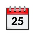 Calendar icon with date 25 day month. Flat agenda day reminder event calendar design button