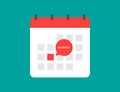 Calendar icon with reminder sign. Meeting event icon. Month planner with red pointer. Appointment day in calendar. Important event