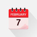 February 7, Calendar icon with shadow. Day, month. Flat vector illustration. Royalty Free Stock Photo