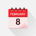 February 8, Calendar icon with shadow. Day, month. Flat vector illustration. Royalty Free Stock Photo