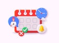 Calendar icon symbol with alert bell warning. Event schedule planner design. 3D Web Vector Illustrations