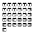 Calendar icons set. Days 1 to 31. Black glyph date shapes. Royalty Free Stock Photo