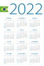 Calendar 2022 - illustration. Brazilian version. Week starts on Sunday. Translation: Calendar. Names of Months. Names of Days.