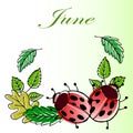 calendar illustration, June, colorful leaves of trees and ladybugs