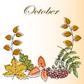 calendar illustration, October, colorful autumn leaves and rowan