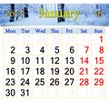 Calendar for January 2017 with birch grove