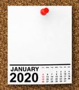 Calendar January 2020 on Blank Note Paper. 3d Rendering Royalty Free Stock Photo