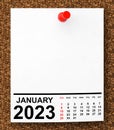 Calendar January 2023 on Blank Note Paper. 3d Rendering