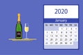 Calendar2020. January monthly calendar decorated with cute champagne bottle