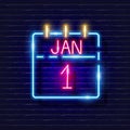 Calendar 1 january neon sign. Calendar sheet January 1 glowing icon. New Year and Christmas concept. Vector illustration for