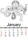 Calendar January 2019 year. Antistress coloring octopus, sea animal, molusk. Raster Royalty Free Stock Photo