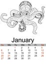 Calendar January 2019 year. Antistress coloring octopus, sea animal, molusk. Vector