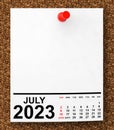 Calendar July 2023 on Blank Note Paper. 3d Rendering