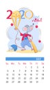 Calendar 2020. July. Cricket player. Isolated little mouse cricket Champion. Sport mouse and cricket elements