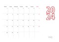 Calendar for July 2024 in modern design, planner template