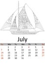 Calendar July month 2019. Antistress coloring water transport, ship of pirates, sailboat patterns. Raster