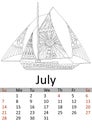 Calendar July month 2019. Antistress coloring water transport, ship of pirates, sailboat patterns. Vector