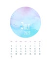 Calendar July 2023 with watercolor blue pink circle.