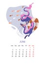 Calendar 2024 for June with Chinese dragon. New Year symbol swims in mask underwater with fish