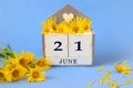 Calendar for June 21: cubes with the number 21 , the name of the month of June in English, a bouquet of yellow daisies, blue