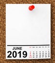 Calendar June 2019. 3d Rendering