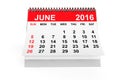 Calendar June 2016. 3d rendering Royalty Free Stock Photo