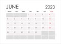 Calendar for June 2023 in a minimalistic style.Starting from Monday.