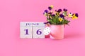 Calendar for June 16 : the name of the month of June in English, cubes with the number 16, a bouquet of violets in a pink watering Royalty Free Stock Photo