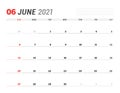 Calendar for June 2021. Stationery design. Week starts on Sunday