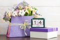 Calendar 14 June Still Life with Flowers and gifts Royalty Free Stock Photo